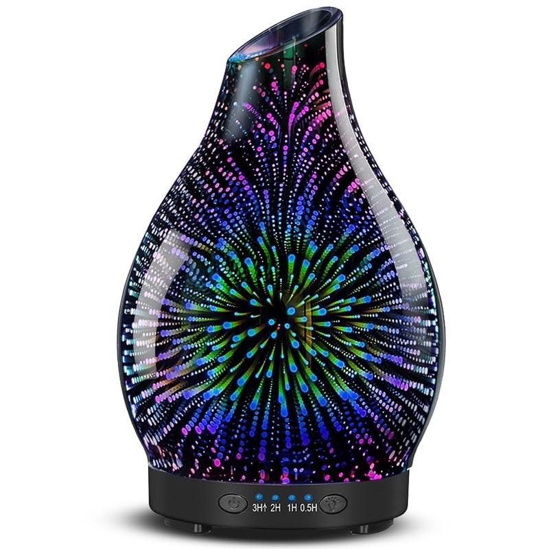 JOYOLO 120ML Essential Oil Diffuser 3D Glass Aromatherapy Diffuser with Auto ShutOff and 7 Color LED Lights Ultrasonic Mist Humidifier with 4 Timer for Home Office Bedroom 3D Fireworks